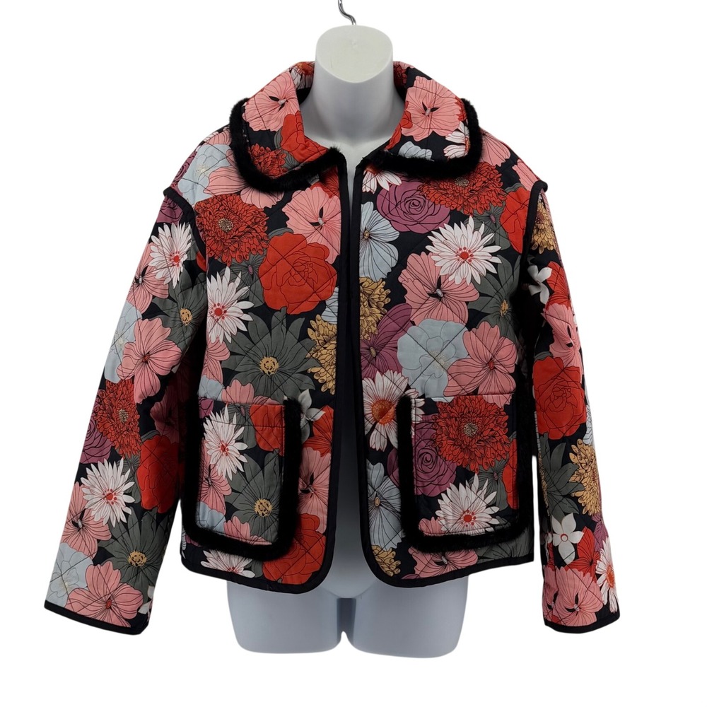 Listicle Cotton Quilted Floral Jacket Women Small Faux Fur Trim